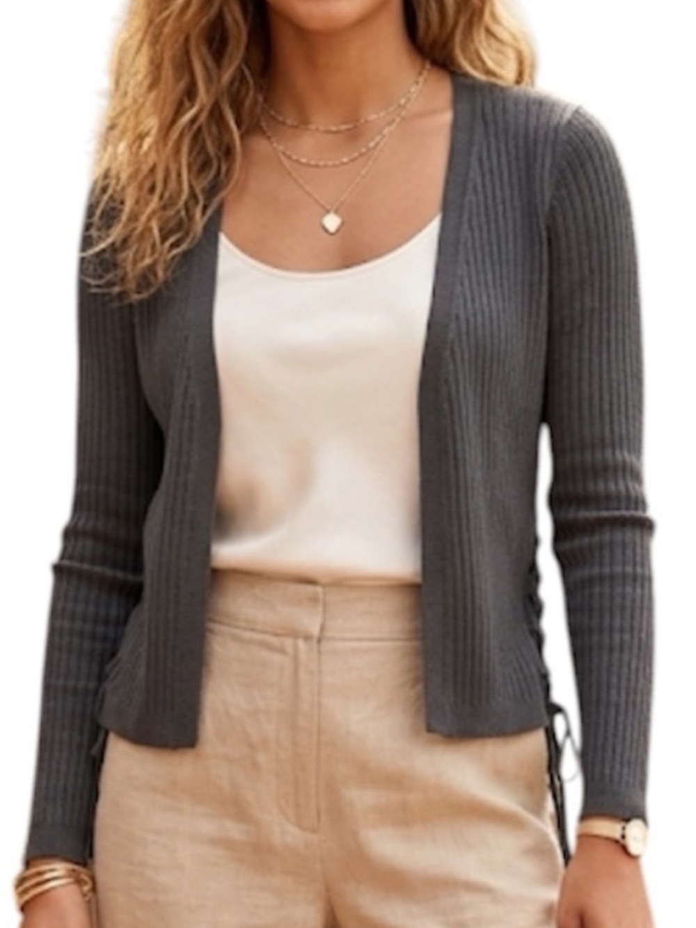 Candies Women Open Cardigan Sweater Grey Size: Medium